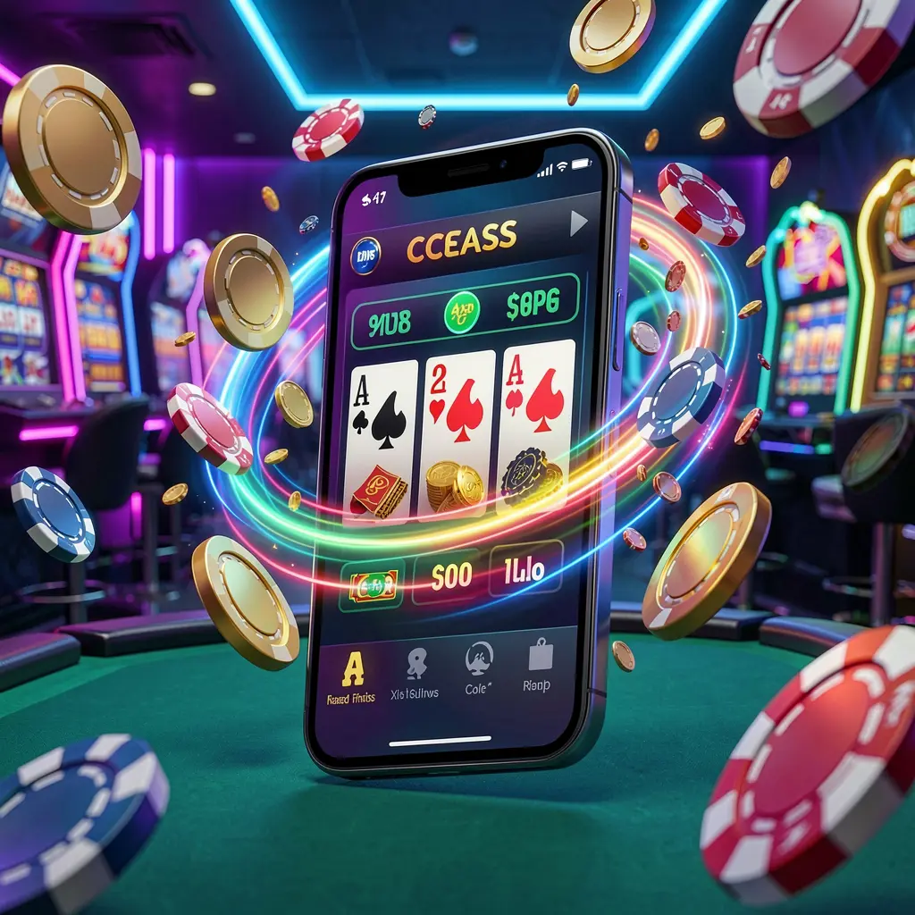 99FU fast casino app access visual showing a smartphone with speed light trails, coins and chips flying around against a modern neon casino background in a dynamic 3D render