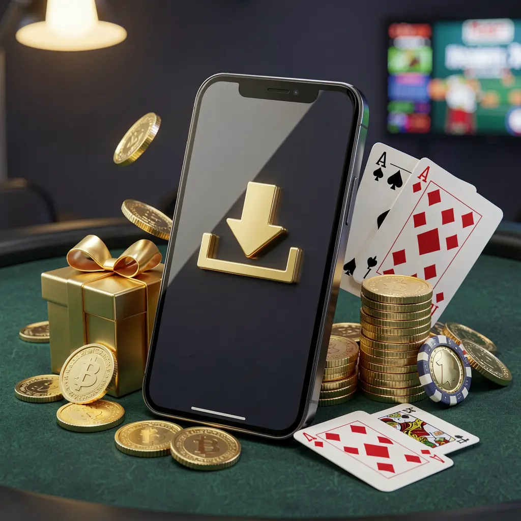 Smartphone displaying a download icon surrounded by golden coins, a gift box, and playing cards in a modern mobile gaming atmosphere, representing the 99FU casino app download concept in Malaysia