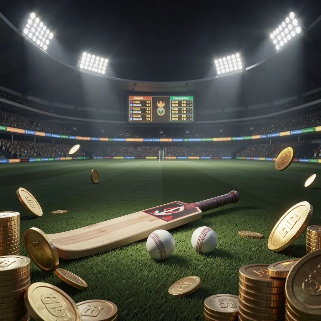 99FU cricket betting page hero banner featuring a cricket stadium at night with bright floodlights, a cricket bat and ball on a green pitch, glowing odds panels, and golden coins in a premium dark cinematic 3D render atmosphere