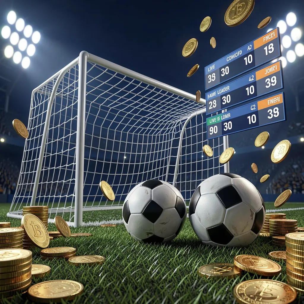 Realistic 3D render of a football goal net with a soccer ball, stadium lights, coins, and floating live score panels on a dark blue premium background, showcasing 99FU sports betting page