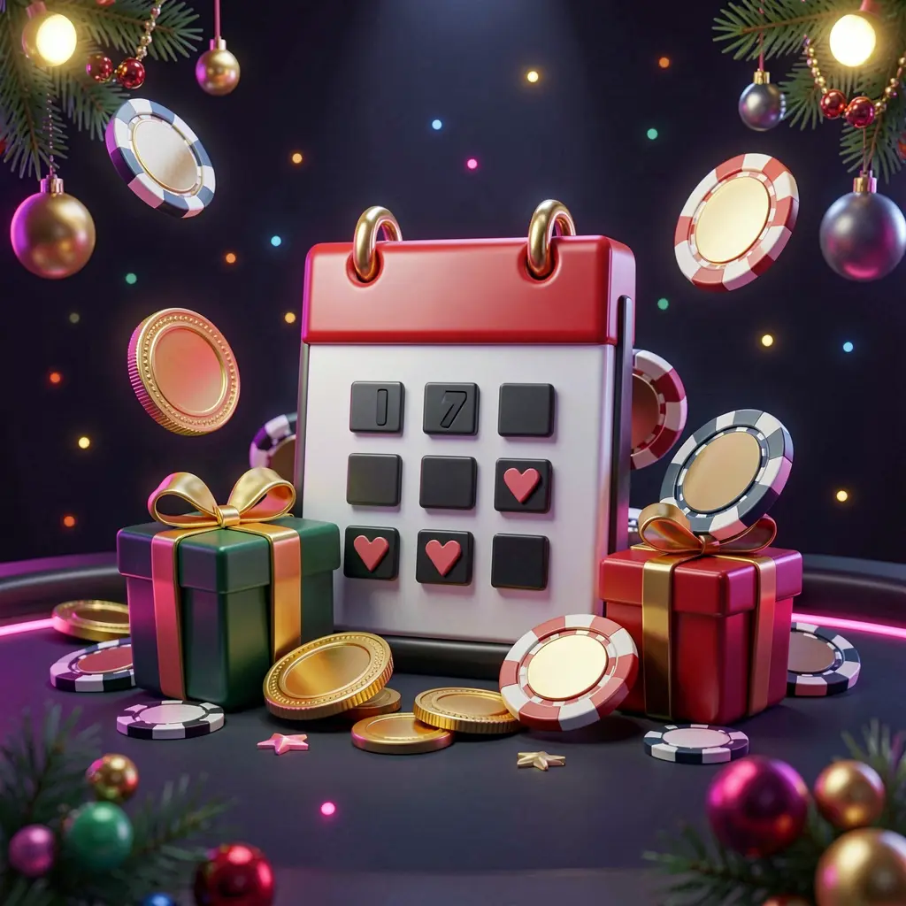 99FU weekly casino bonus concept featuring a calendar icon, gift boxes, coins, and chips with a festive dark background and neon glow in premium 3D style