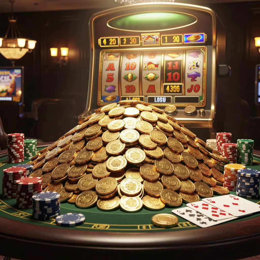 99FU online casino jackpot bonus scene with a massive pile of golden coins, slot machine in the background, glowing jackpot lights, poker chips and playing cards on a luxury table under dramatic cinematic lighting