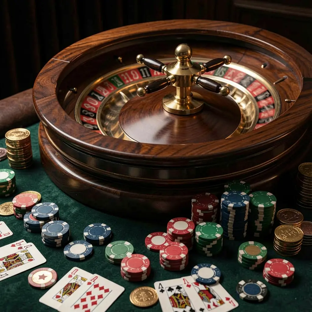 99FU classic casino scene featuring a spinning roulette wheel, scattered chips, playing cards, and coins on an elegant dark table with cinematic lighting
