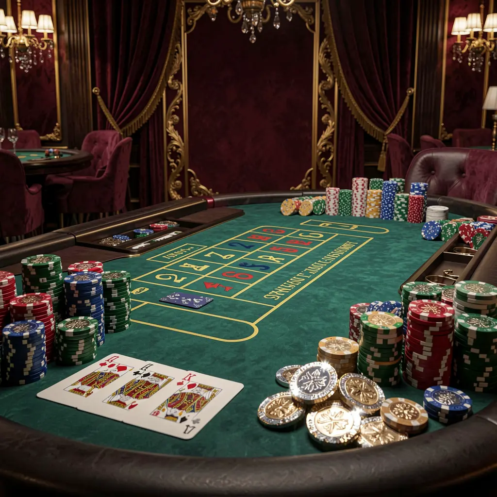 99FU luxury casino atmosphere featuring a blackjack table with poker cards, stacks of chips, and sparkling coins against a dark red and gold background in a cinematic realistic render