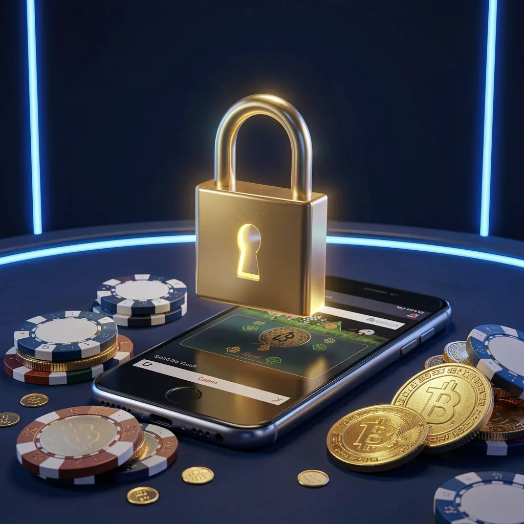99FU casino login security image featuring a glowing padlock floating above a smartphone with golden coins and chips scattered around on a dark blue neon background in a premium realistic 3D render