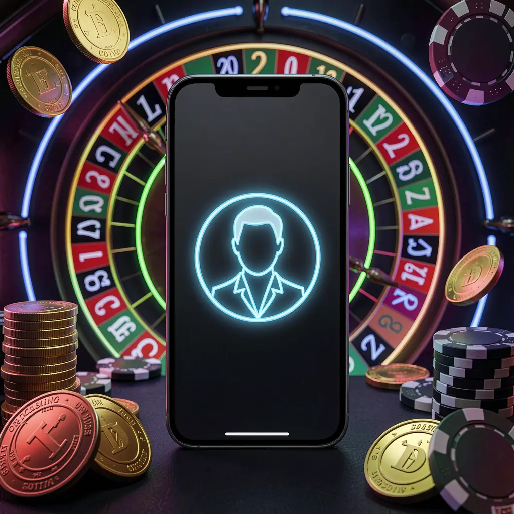 Modern phone displaying glowing profile icon for 99FU online casino login, set against a premium dark neon background with roulette lights, golden coins, and poker chips
