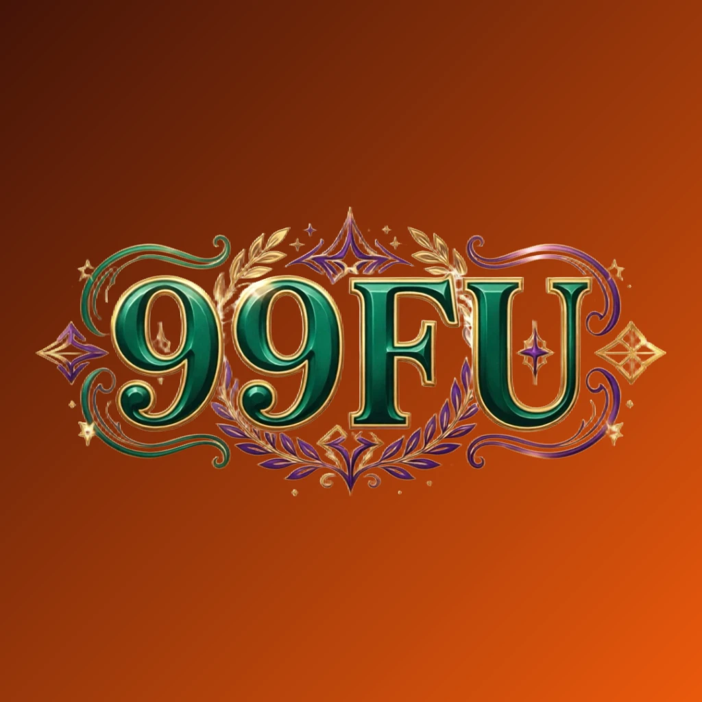 Luxury colorful 99FU logo featuring bold serif typography in rich emerald, violet, and gold palette with elegant glowing ornaments, designed as a premium brand identity on a transparent background in a horizontal rectangular wordmark style for website header