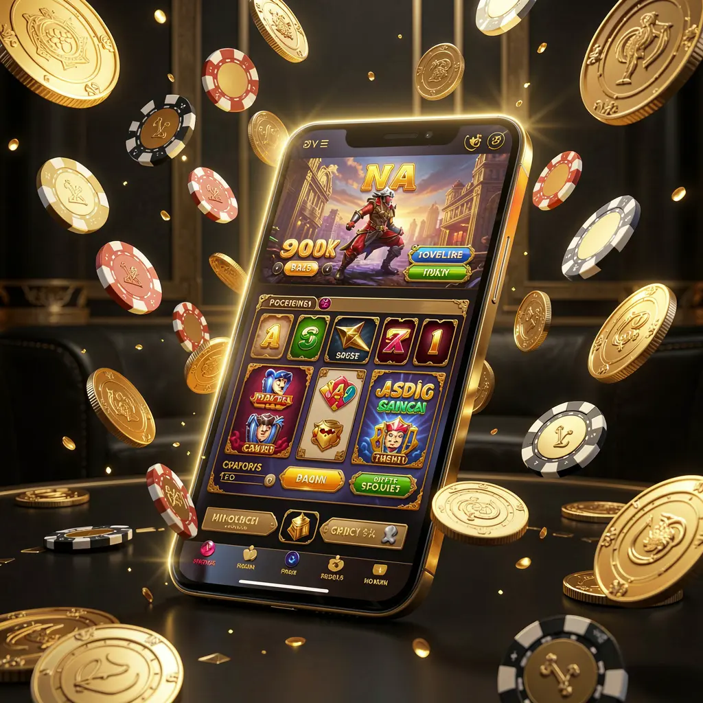 99FU modern online casino main page visual with smartphone displaying glowing gaming interface, coins and chips flying around in a black and gold luxury atmosphere